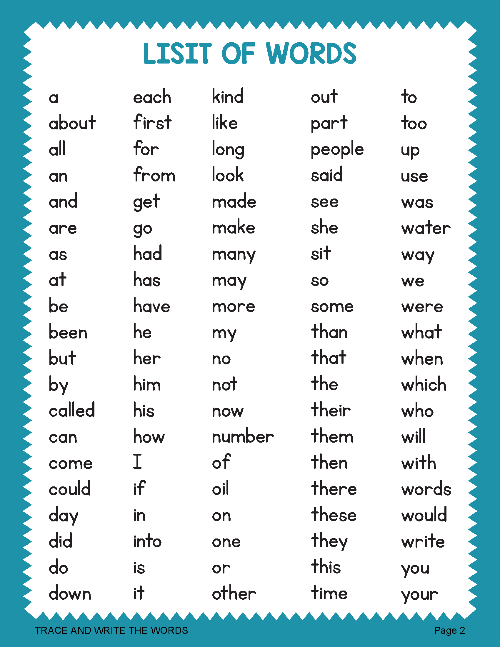 Prek Sight Word List