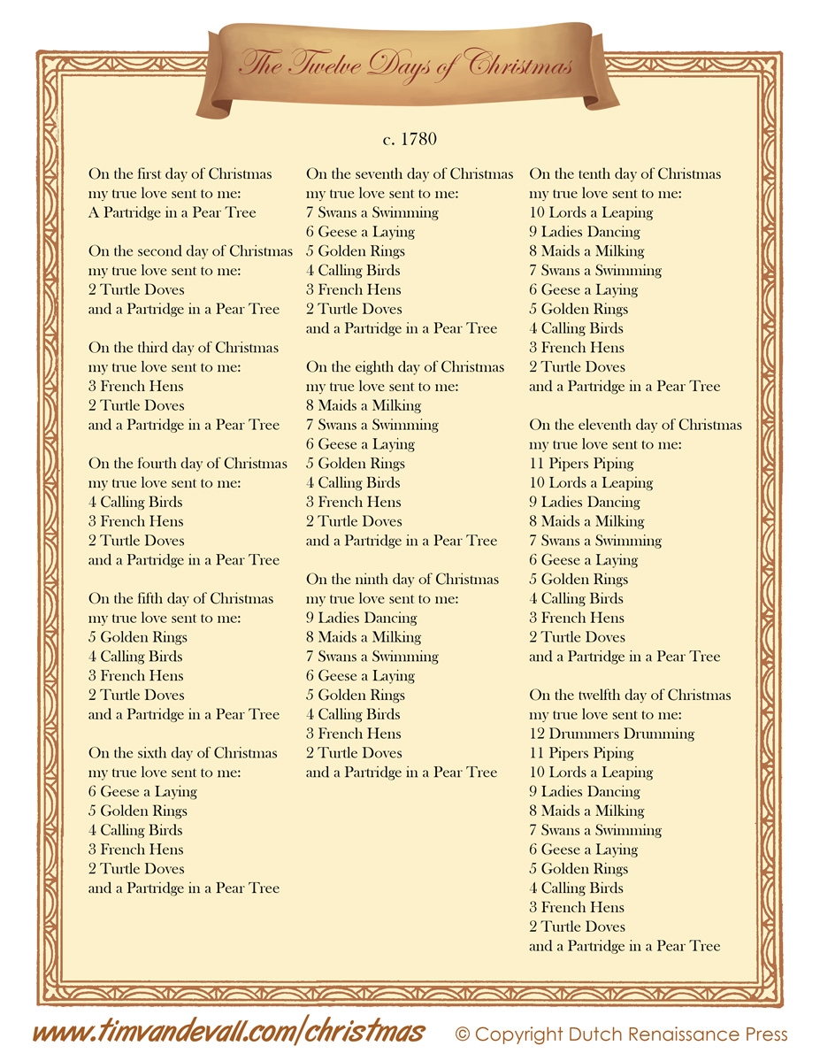 12 Days Of Christmas Lyrics Printable Christmas Lyrics