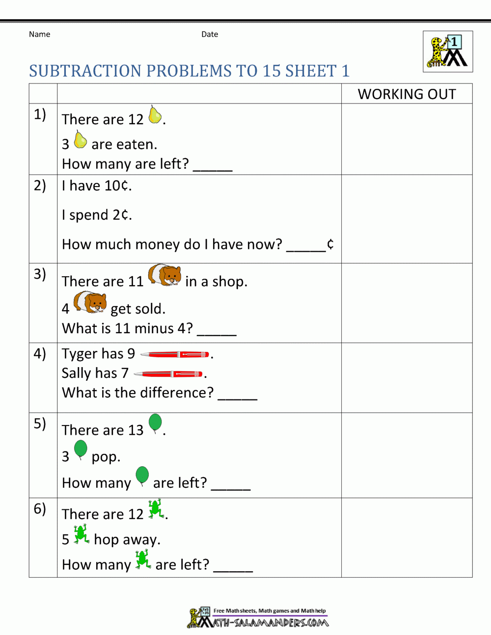 1st Grade Subtraction Word Problems