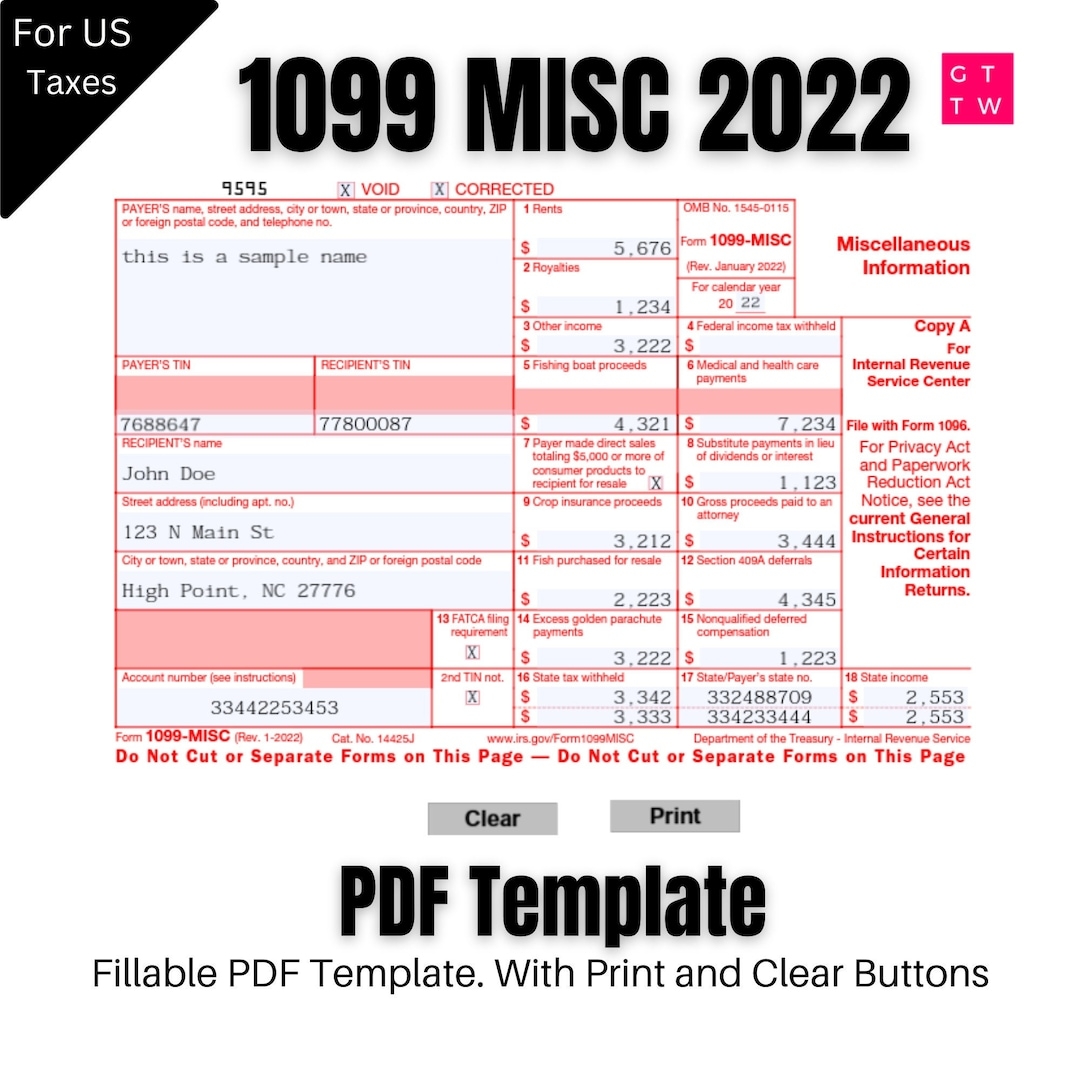 2022 1099 MISC Form Template Fillable Printable digital Download Etsy