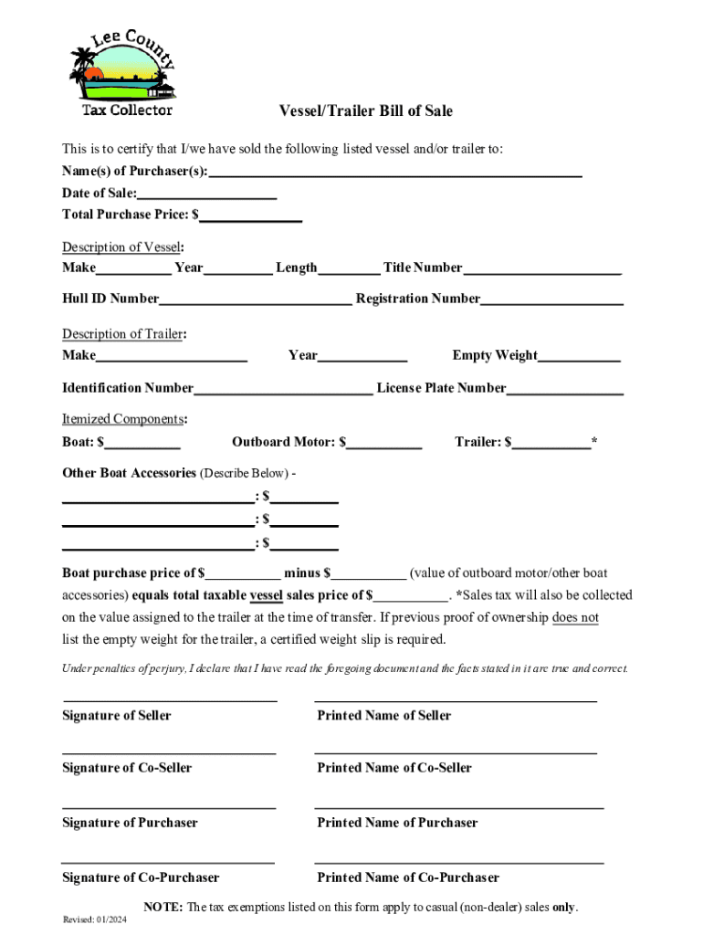 2024 Form FL Lee County Bill Of Sale For A Vessel Trailer Fill Online Printable Fillable Blank PdfFiller