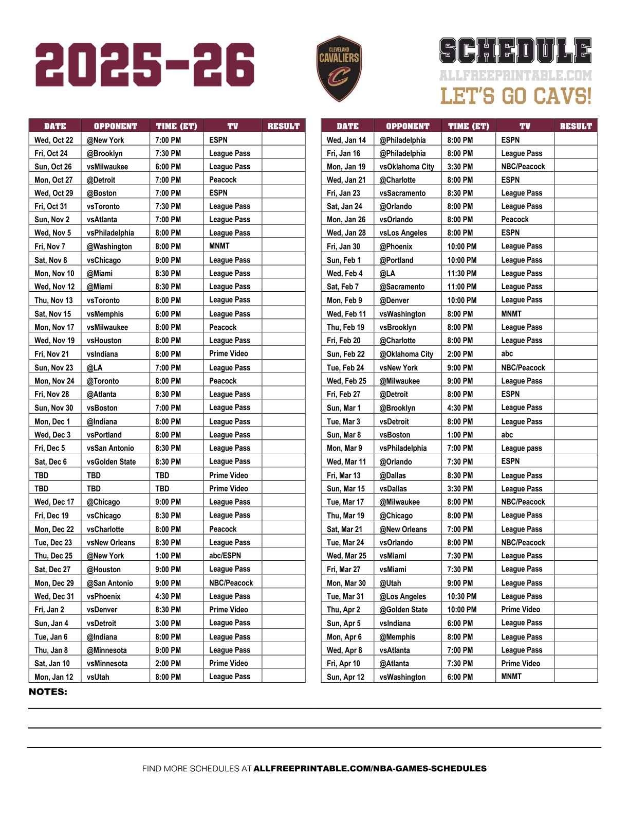 2025 26 Cleveland Cavaliers Schedule Free Printable