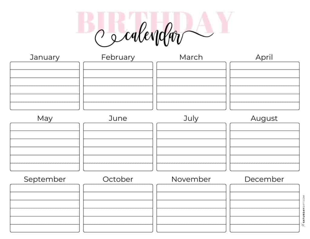 26 Cute Free Printable Birthday Calendar Templates SaturdayGift