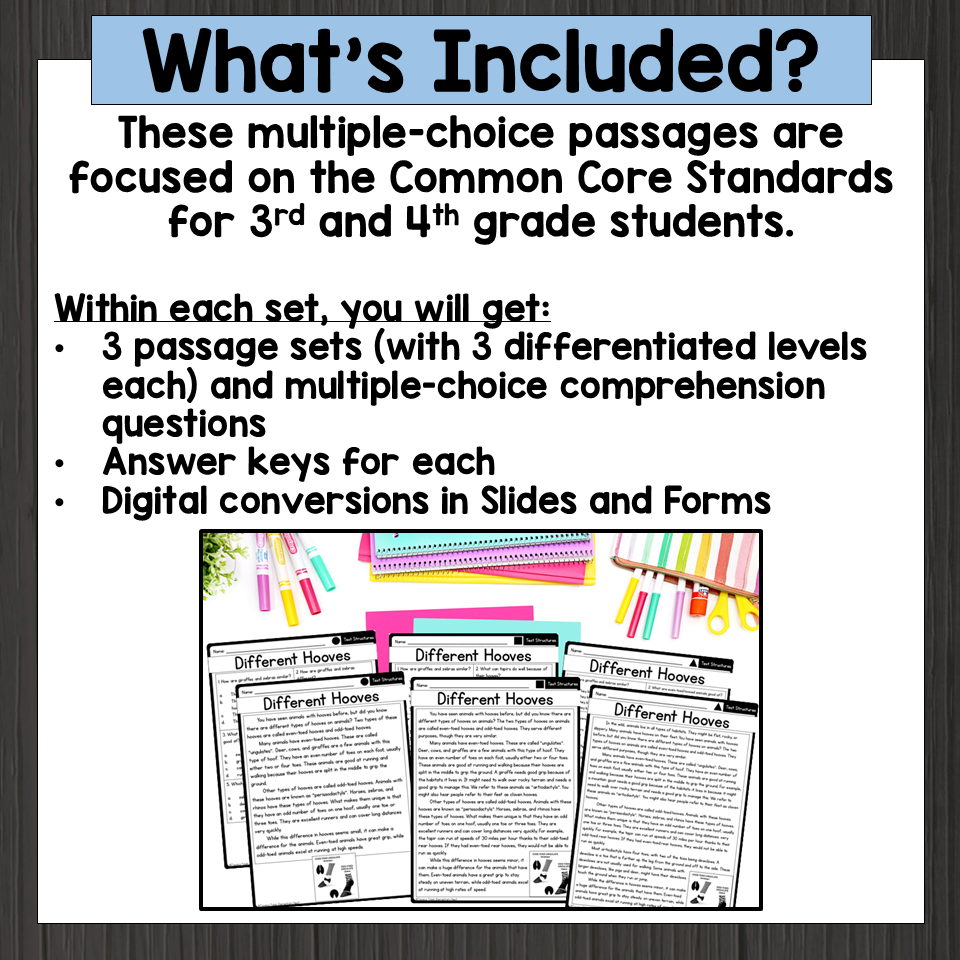 3rd 4th Grade Multiple Choice Differentiated Reading Comprehension Passages