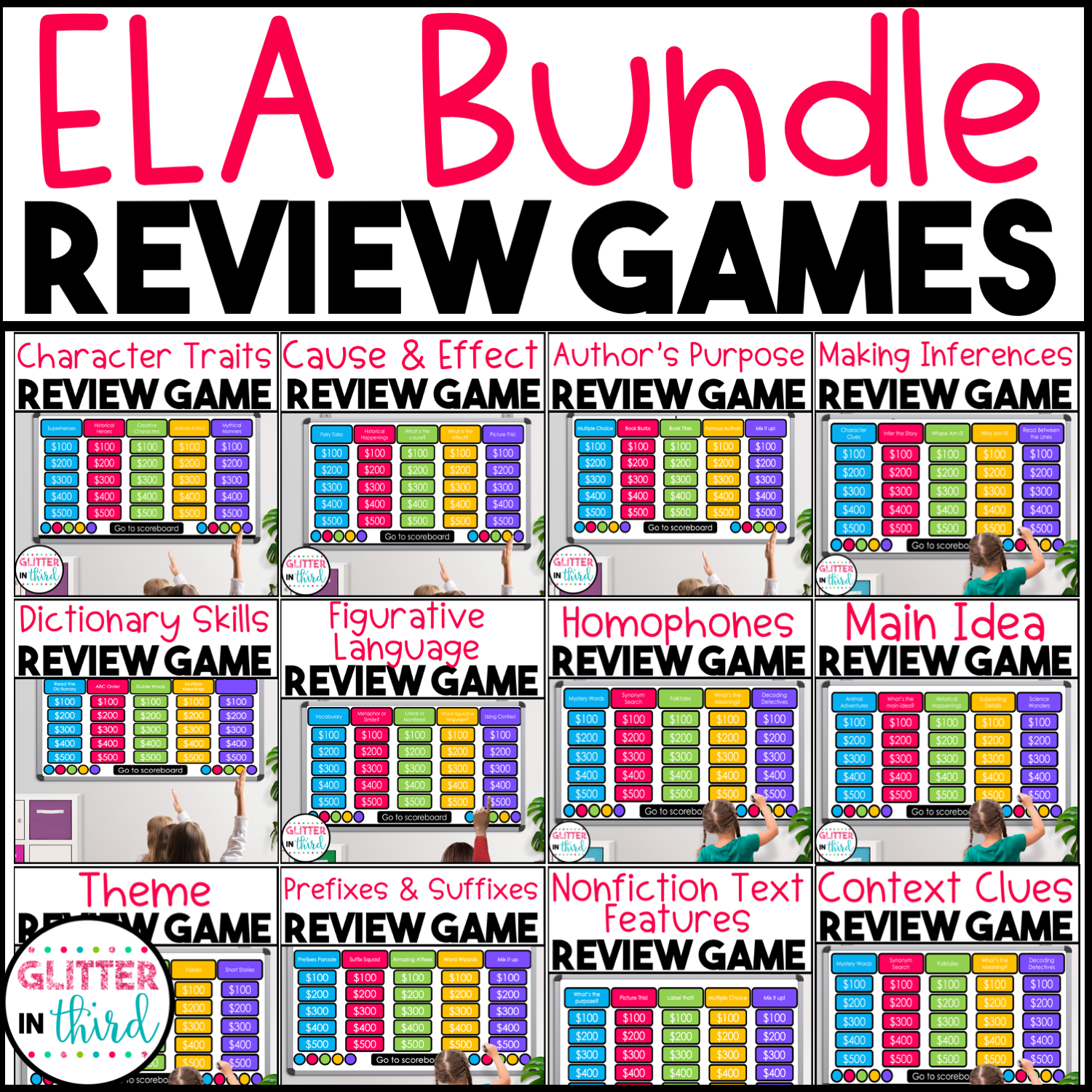 3rd Grade Reading Strategies Jeopardy SOL Review Game Practice BUNDLE Glitter In Third