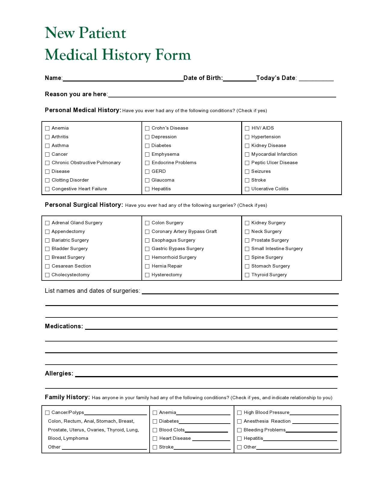 Printable Medical History Forms