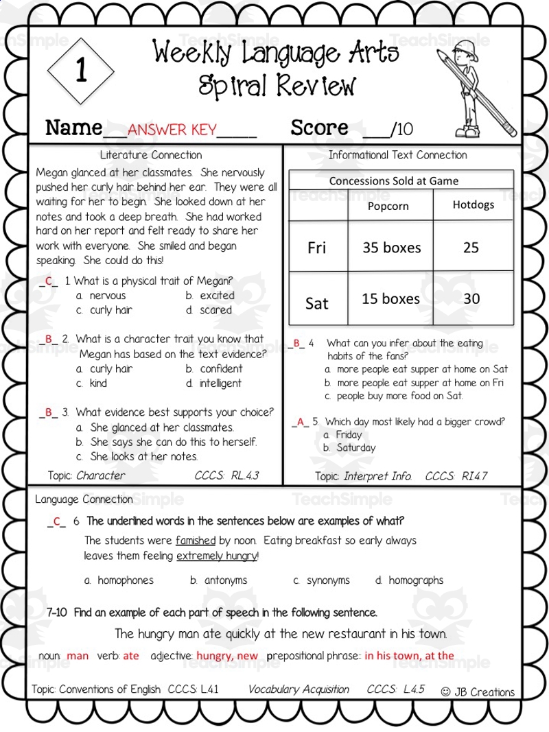 4th Grade Language Arts Weekly Review By Teach Simple