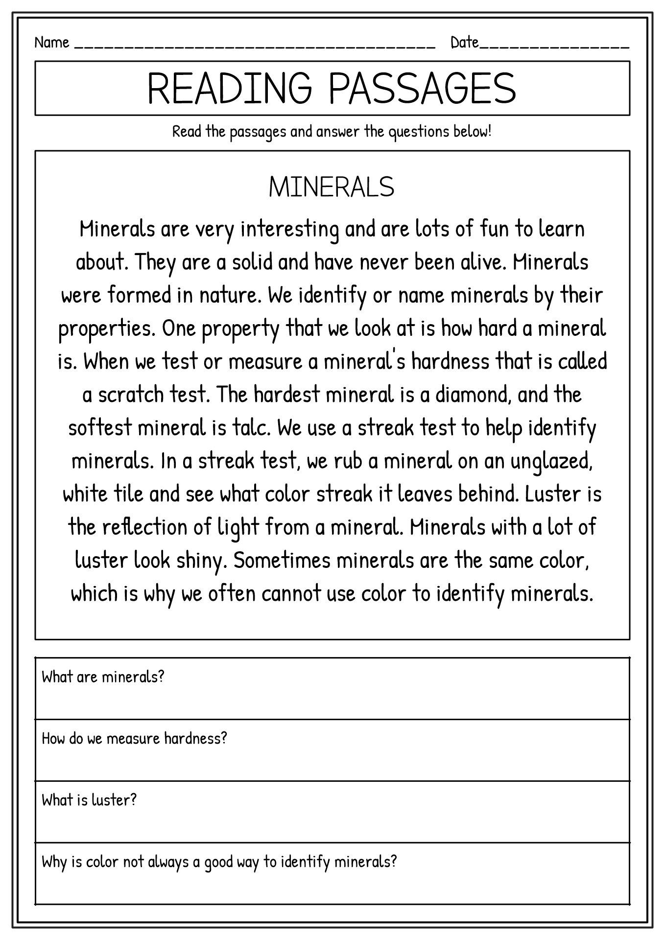 reading passages for 4th graders