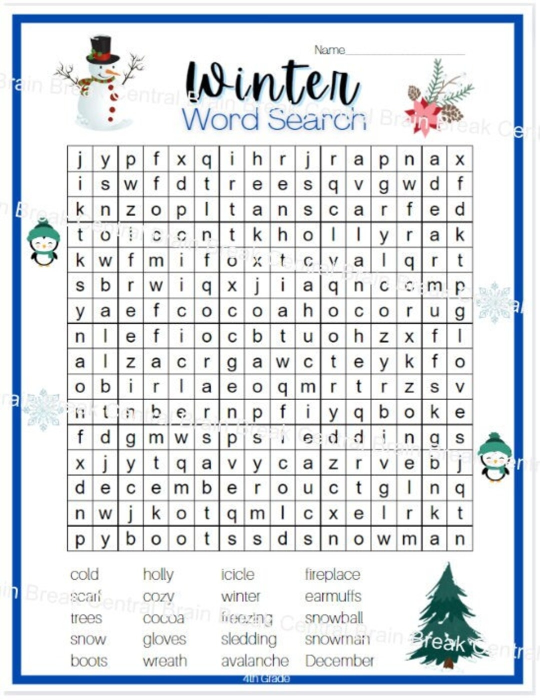 4th Grade Winter Word Search With Answer Key Printable Etsy
