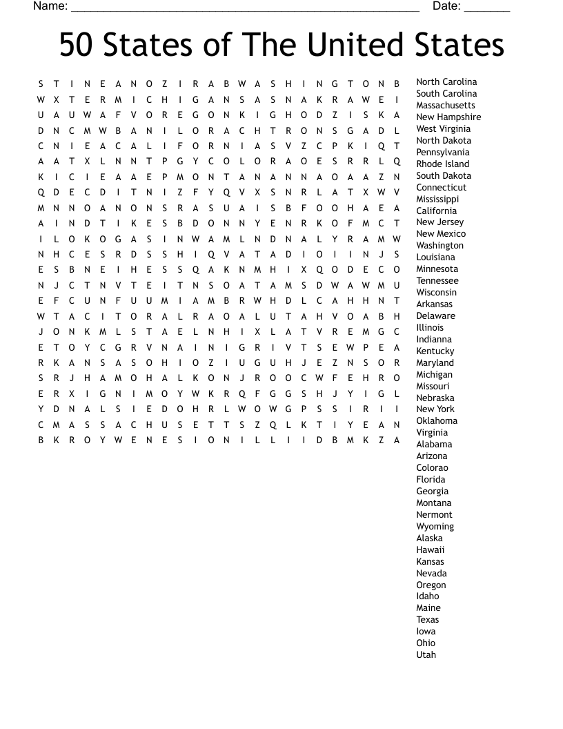 50 States Of The United States Word Search WordMint 50 States Of The United States Word Search WordMint