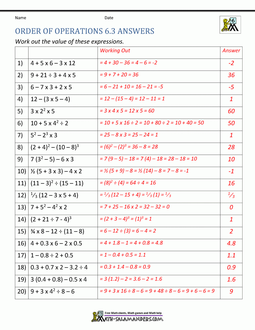 Order Of Operations Worksheet And Answers