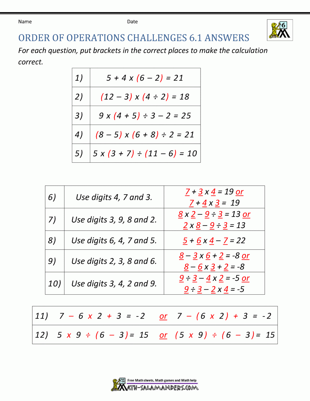 6th Grade Order Of Operations Worksheets