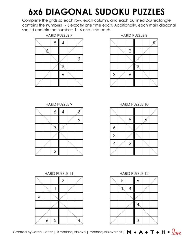6x6 Diagonal Sudoku Puzzles Math Love