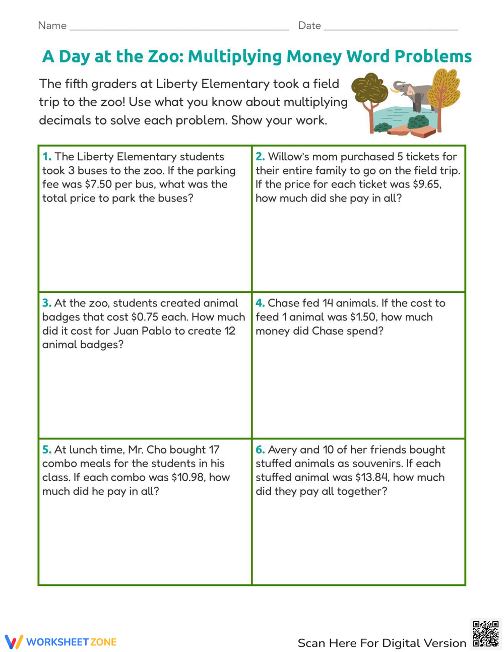 A Day At The Zoo Multiplying Money Word Problems Worksheet Worksheets Library