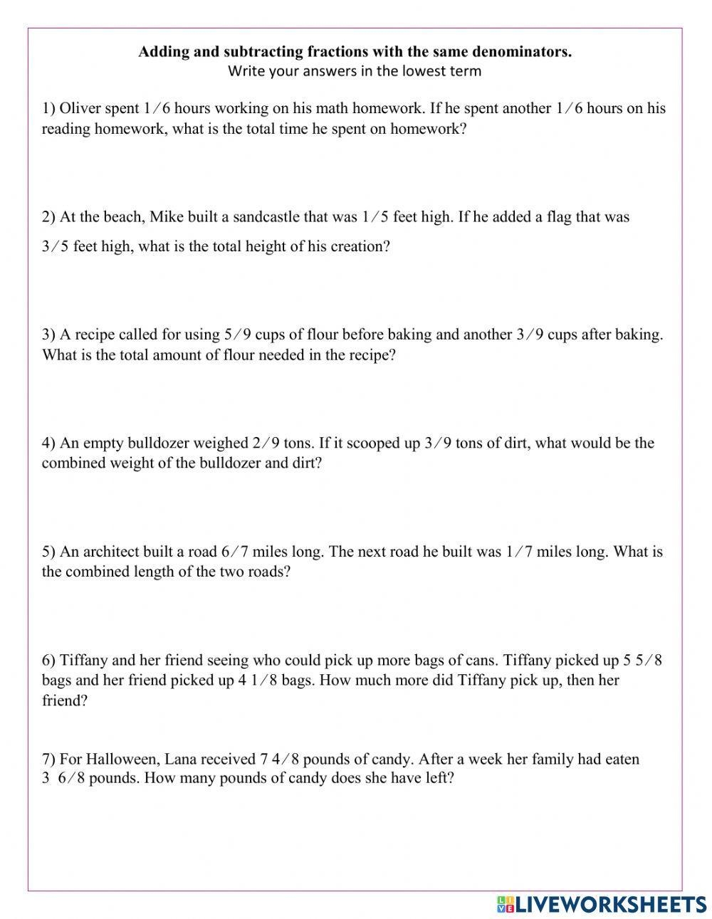 Add And Subtract Fractions Word Problems 1 Worksheet Live Worksheets Worksheets Library Add And Subtract Fractions Word Problems 1 Worksheet Live Worksheets Worksheets Library