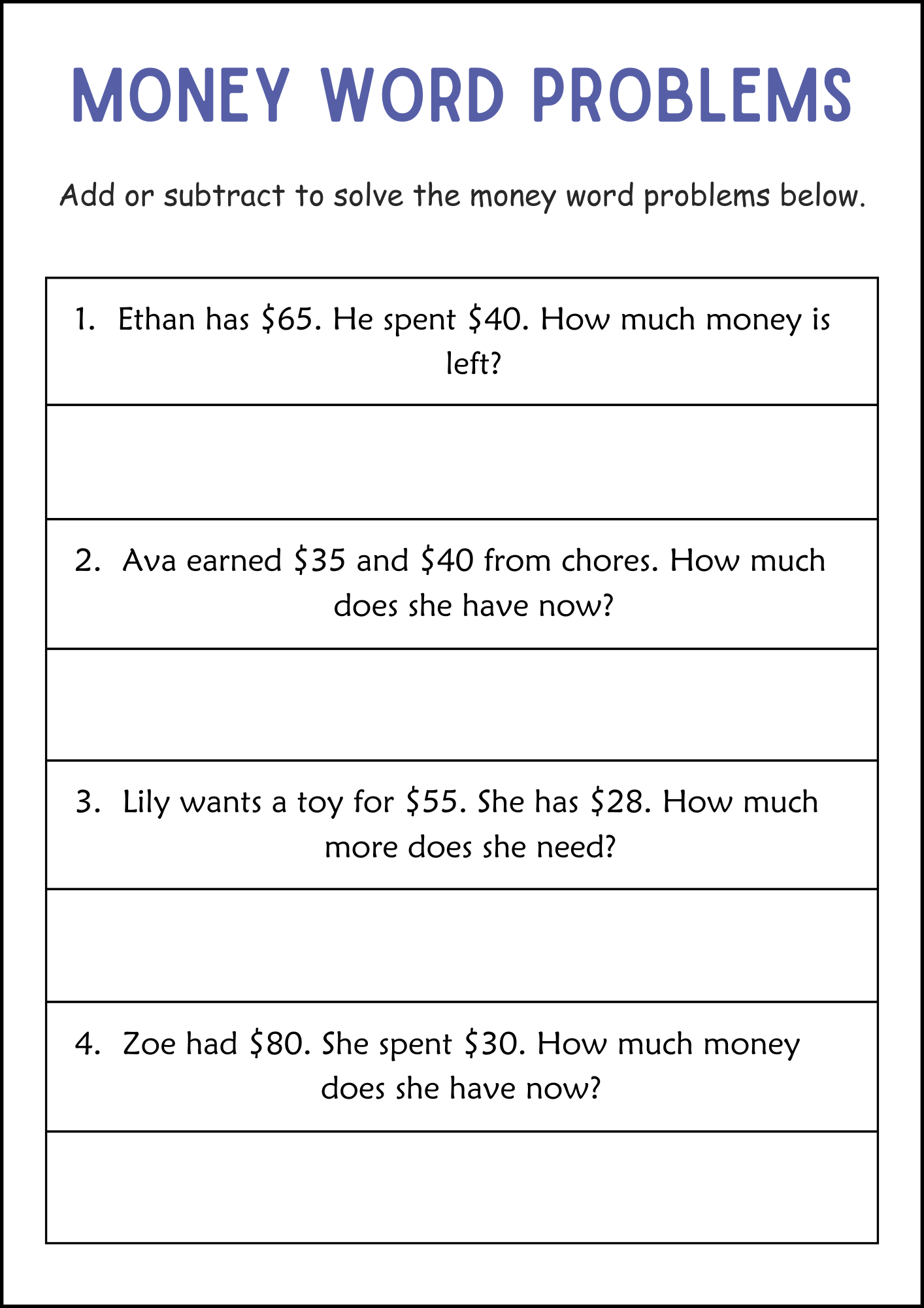 Money Word Problems Worksheets