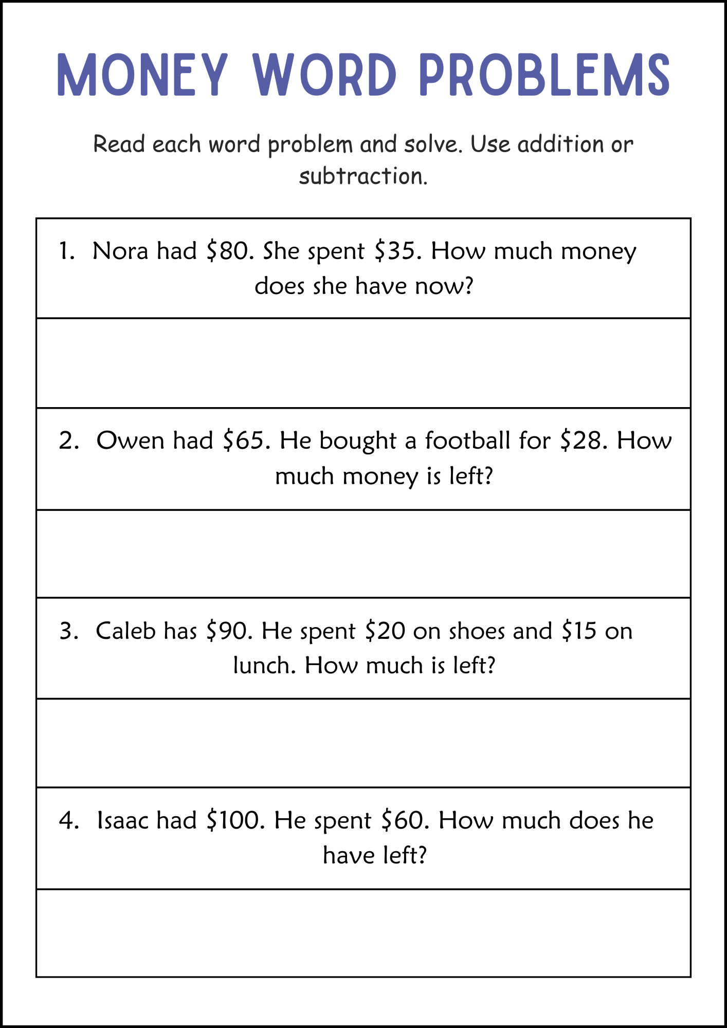 Addition And Subtraction Money Word Problems Math Worksheets For Grade 2 3 Made By Teachers