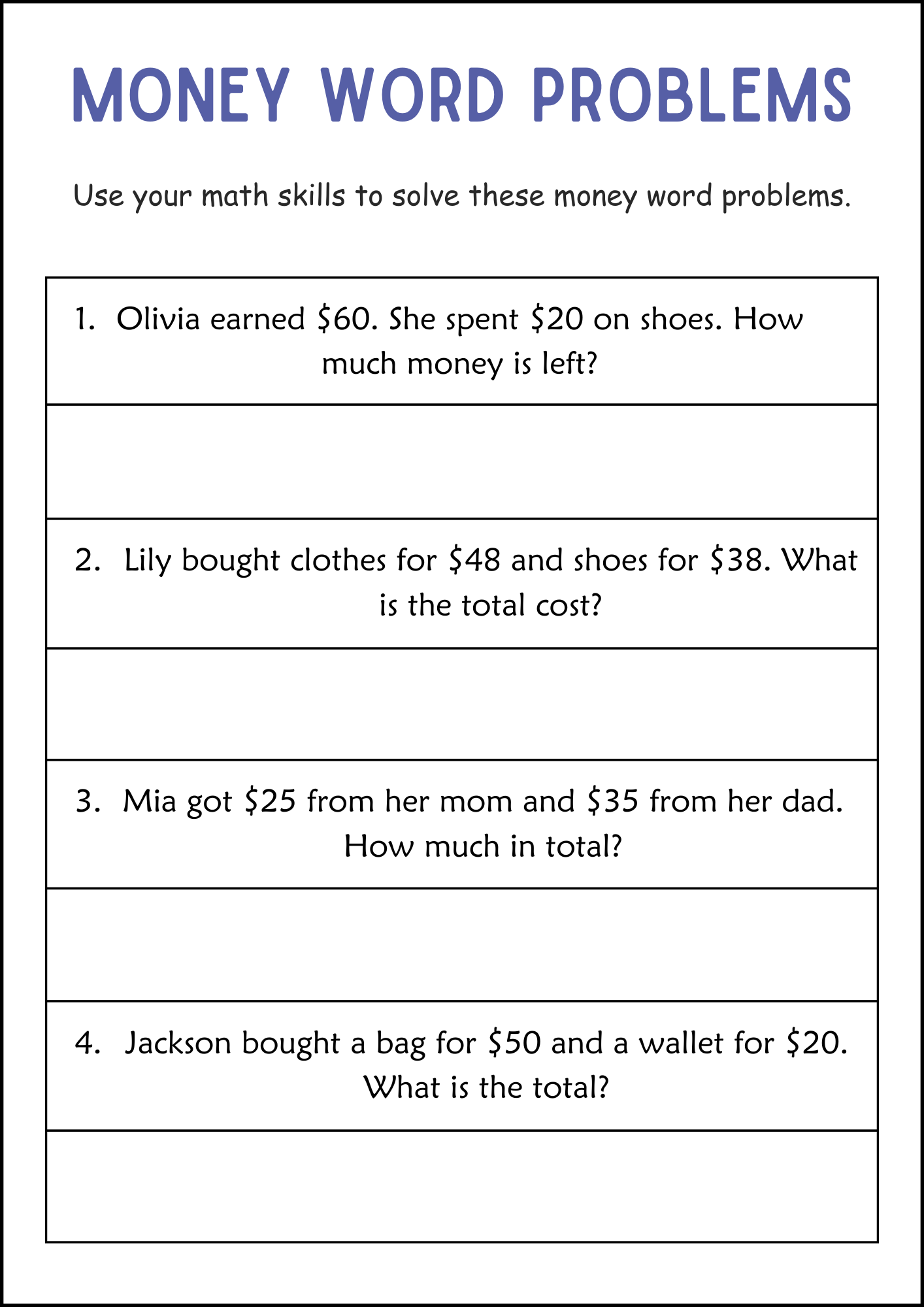 Addition And Subtraction Money Word Problems Math Worksheets For Grade 2 3 Made By Teachers