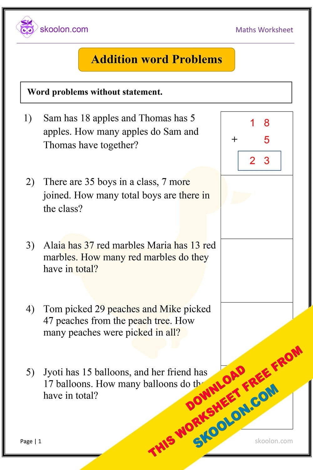 Addition Word Problems Skoolon Worksheets Library