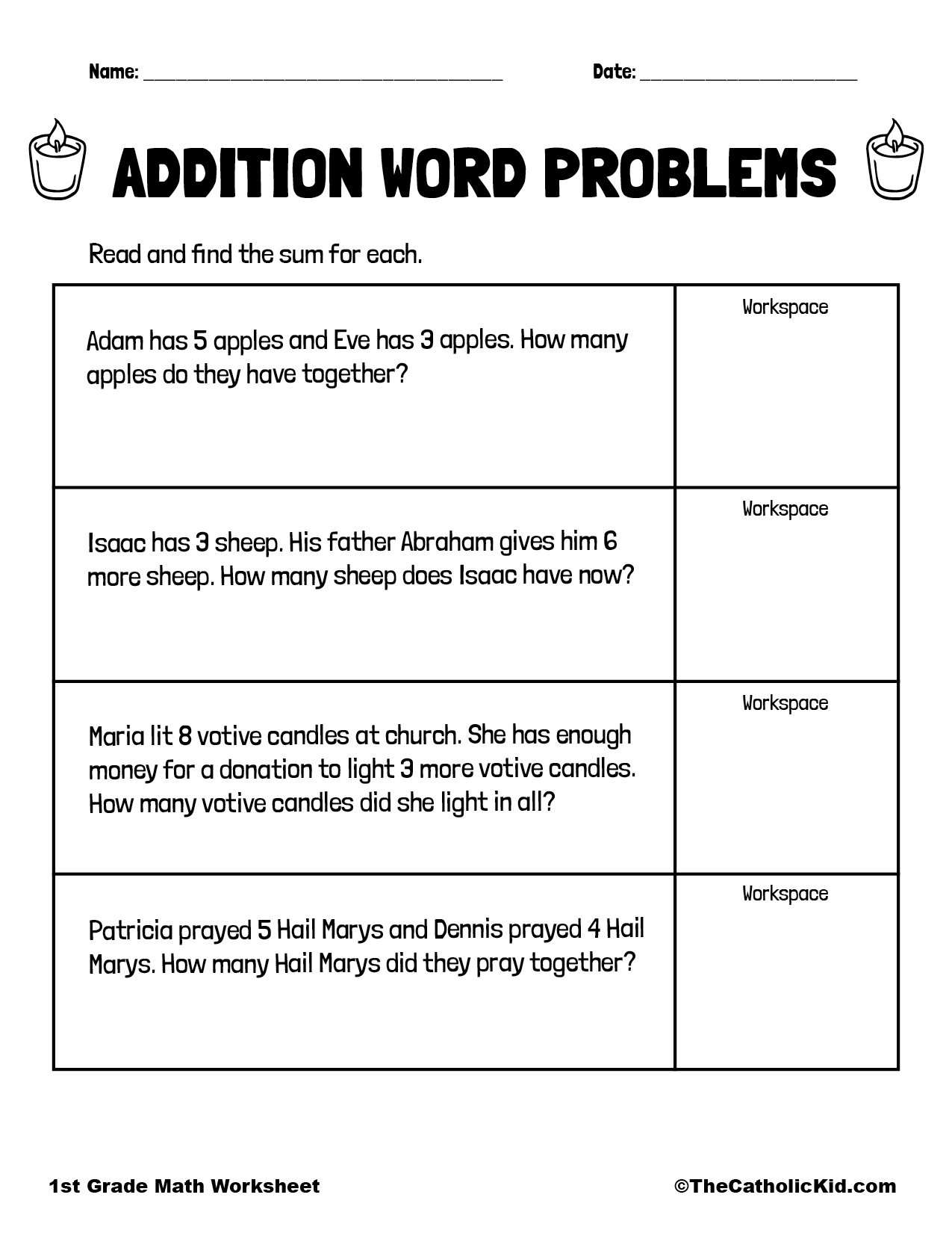 Addition Word Story Problems 1st Grade Math Worksheet Catholic