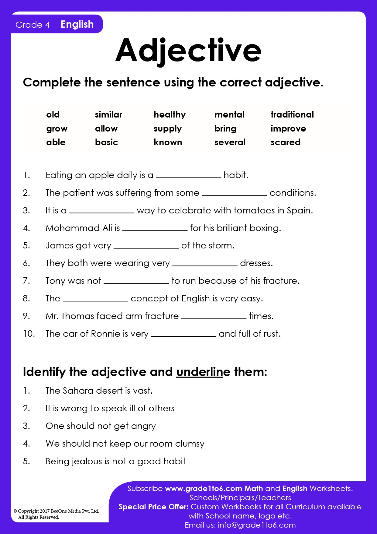 Adjective Exercises Worksheet For Class 4 English Grammar Worksheets Library