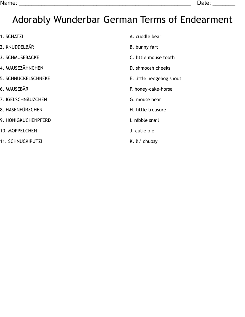 Adorably Wunderbar German Terms Of Endearment Worksheet WordMint Adorably Wunderbar German Terms Of Endearment Worksheet WordMint