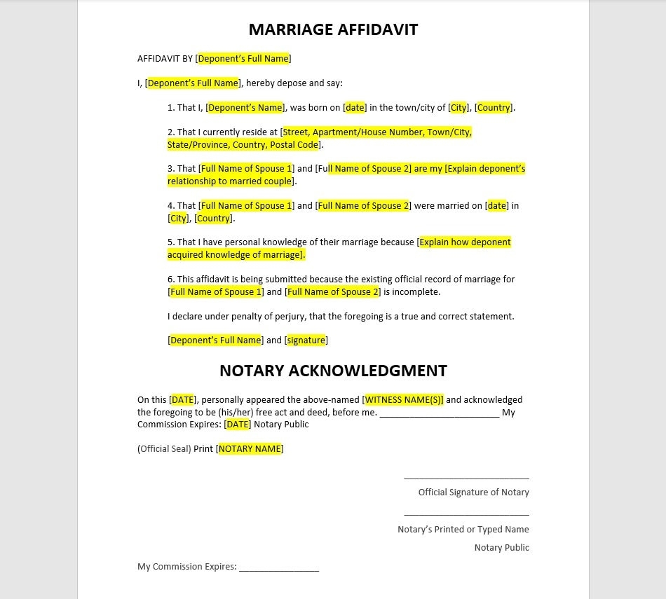 Affidavit Of Marriage Affidavit Of Marriage Template Marriage Affidavit Template Editable Affidavit Simple Affidavit Affidavit Template Etsy