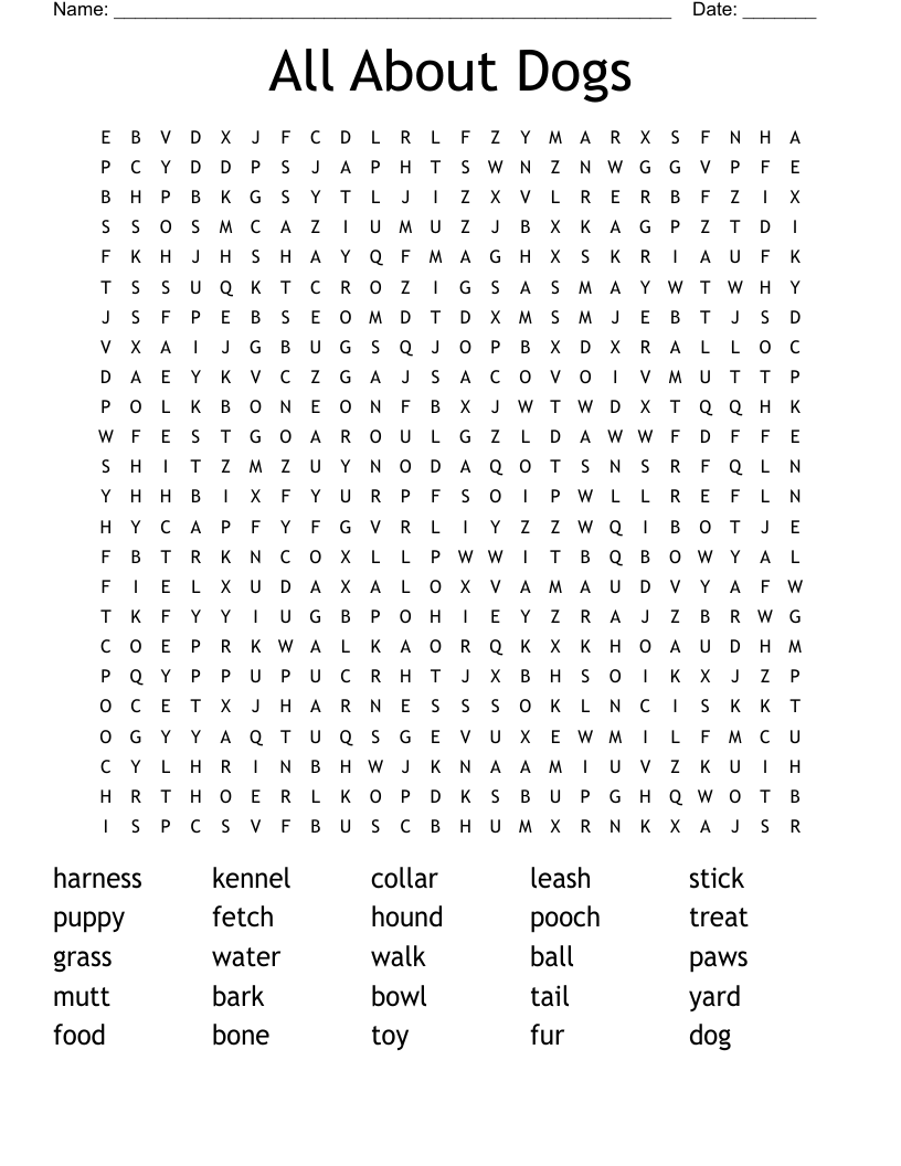 All About Dogs Word Search WordMint
