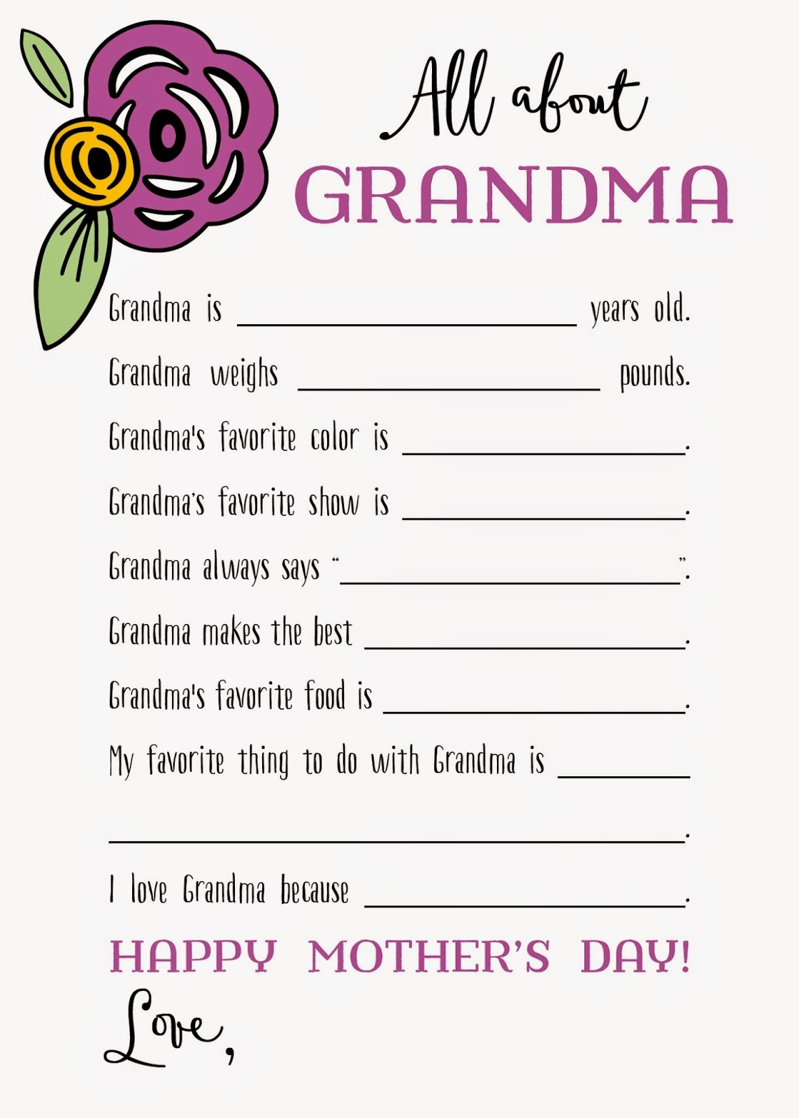 All About Grandma Free Printable Printable Party Favors