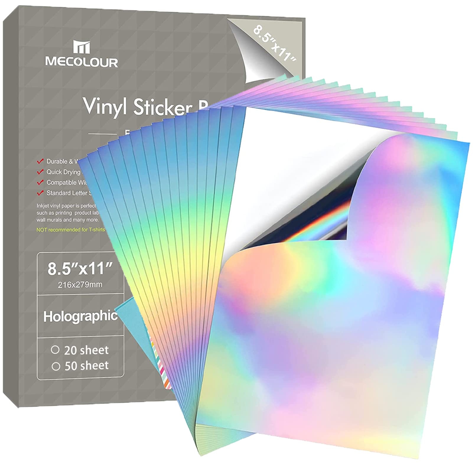 Amazon MECOLOUR Holographic Sticker Paper Printable 8 5 11 50 Sheets Premium Rainbow Vinyl For Cricut Waterproof Dries Quickly Vivid Colors Holds Ink Well Tear Resistant for Inkjet Printer Office Products Amazon MECOLOUR Holographic Sticker Paper Printable 8 5 11 50 Sheets Premium Rainbow Vinyl For Cricut Waterproof Dries Quickly Vivid Colors Holds Ink Well Tear Resistant for Inkjet Printer Office Products