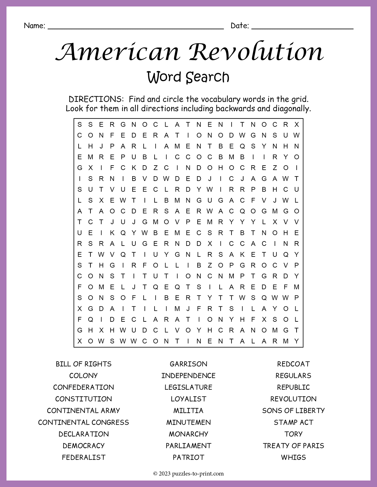 American Revolution Word Search