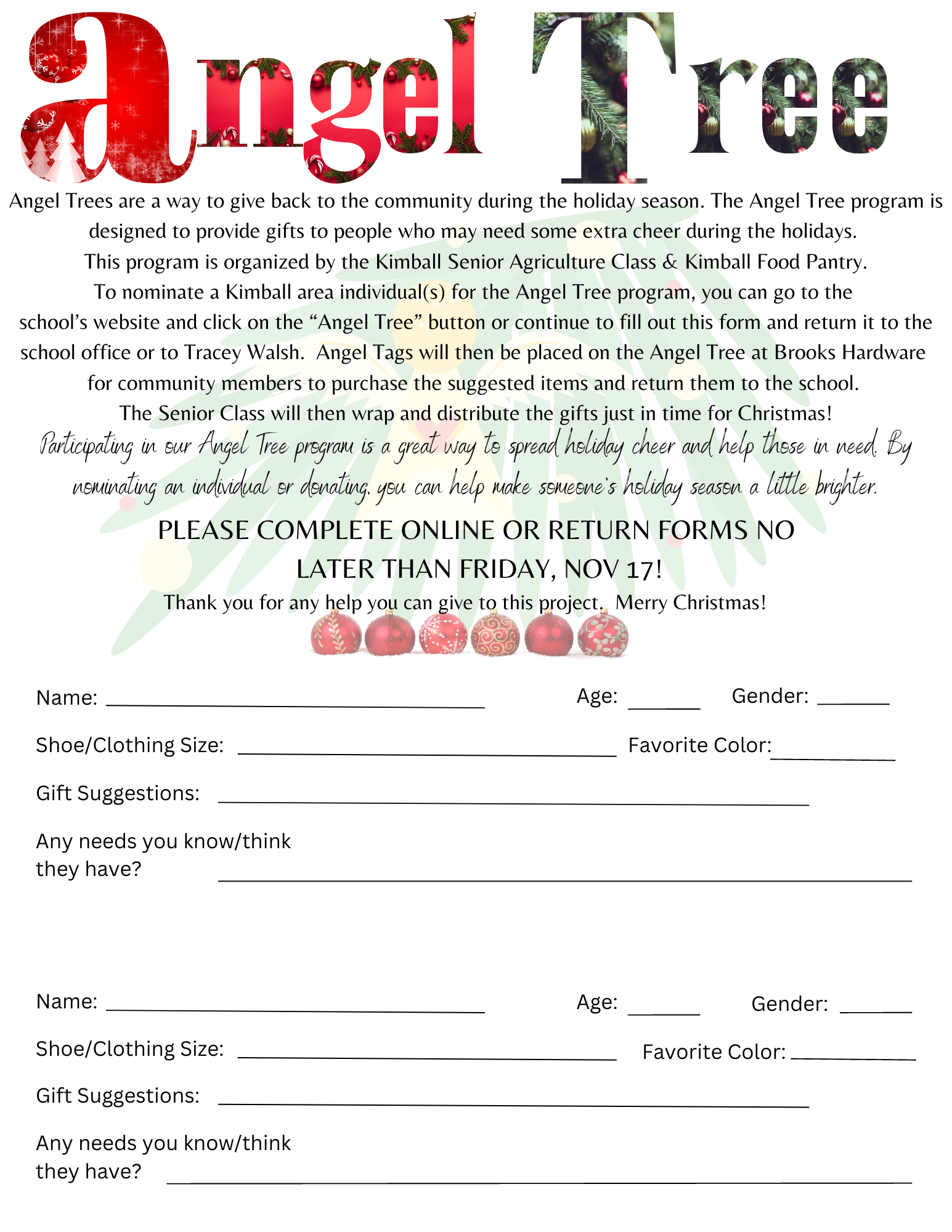 Angel Tree Nominations Requested Kimball School District