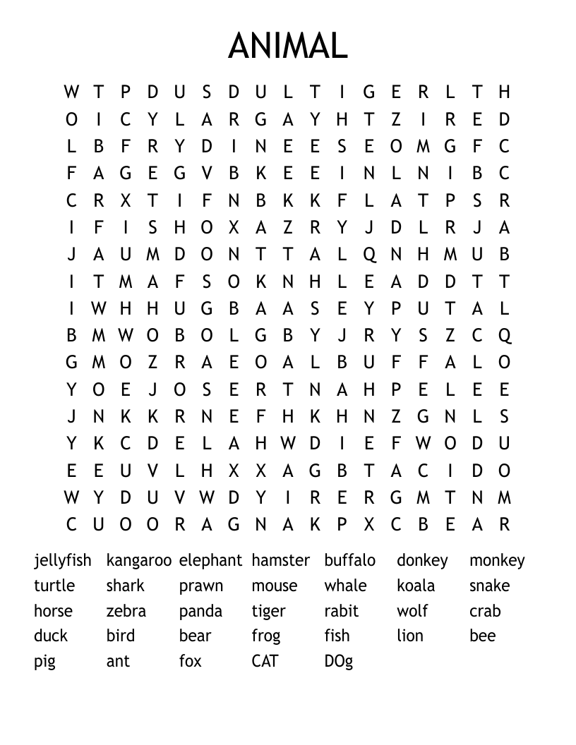 Animals Hard Word Search WordMint Animals Hard Word Search WordMint