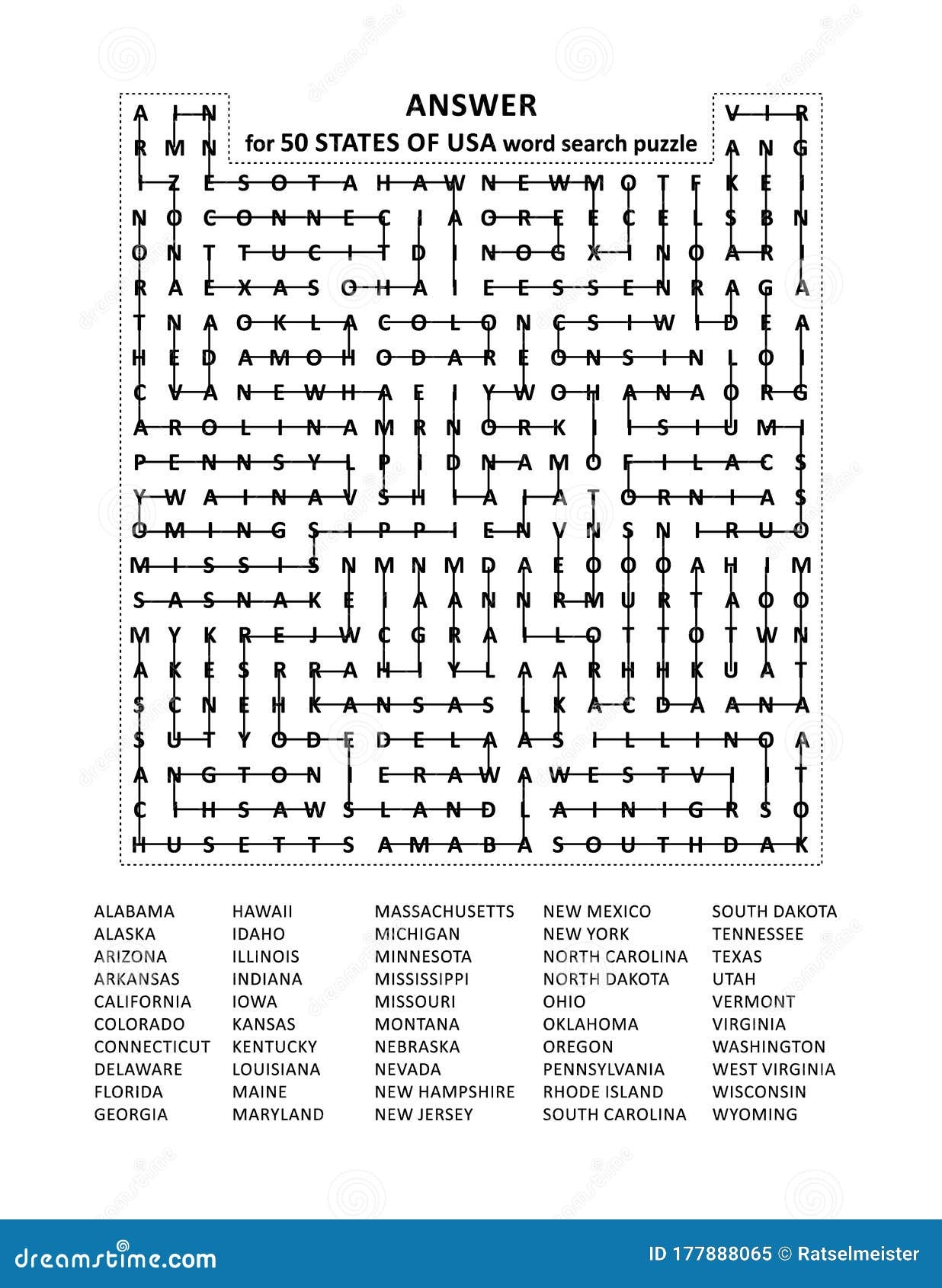 Answer For 50 States Of USA Word Search Puzzle Stock Vector Illustration Of Crossword America 177888065