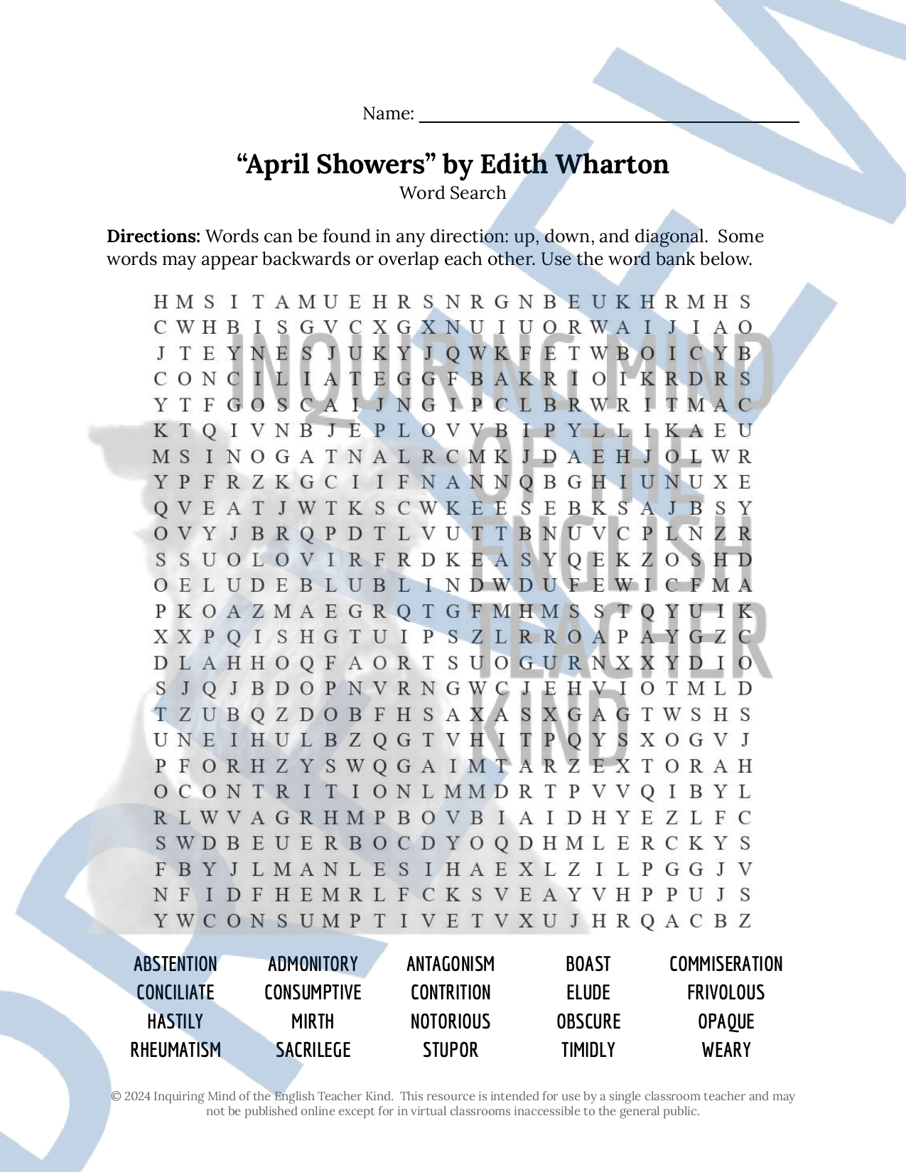 April Showers By Edith Wharton Vocabulary Games For High School Classful