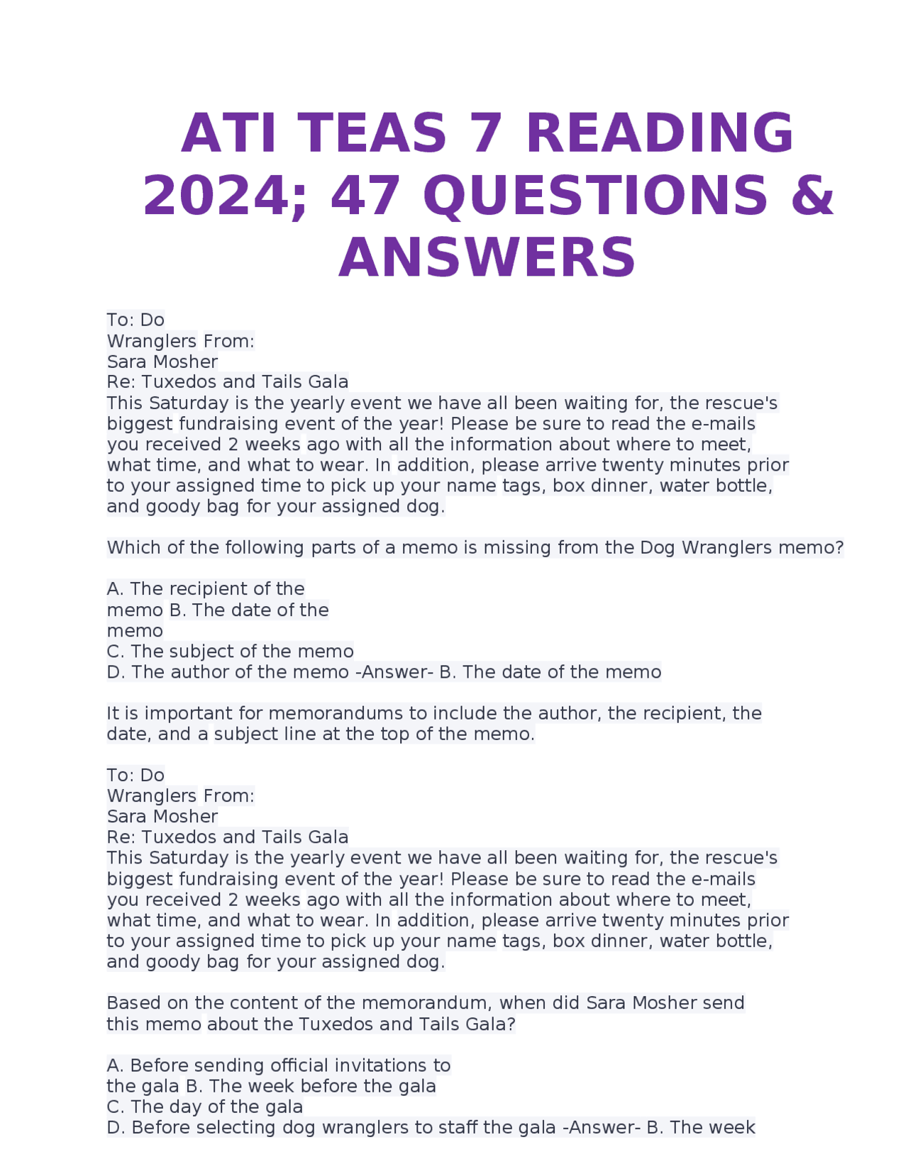 ATI TEAS 7 READING 2024 47 QUESTIONS ANSWERS Exams Advanced Education Docsity