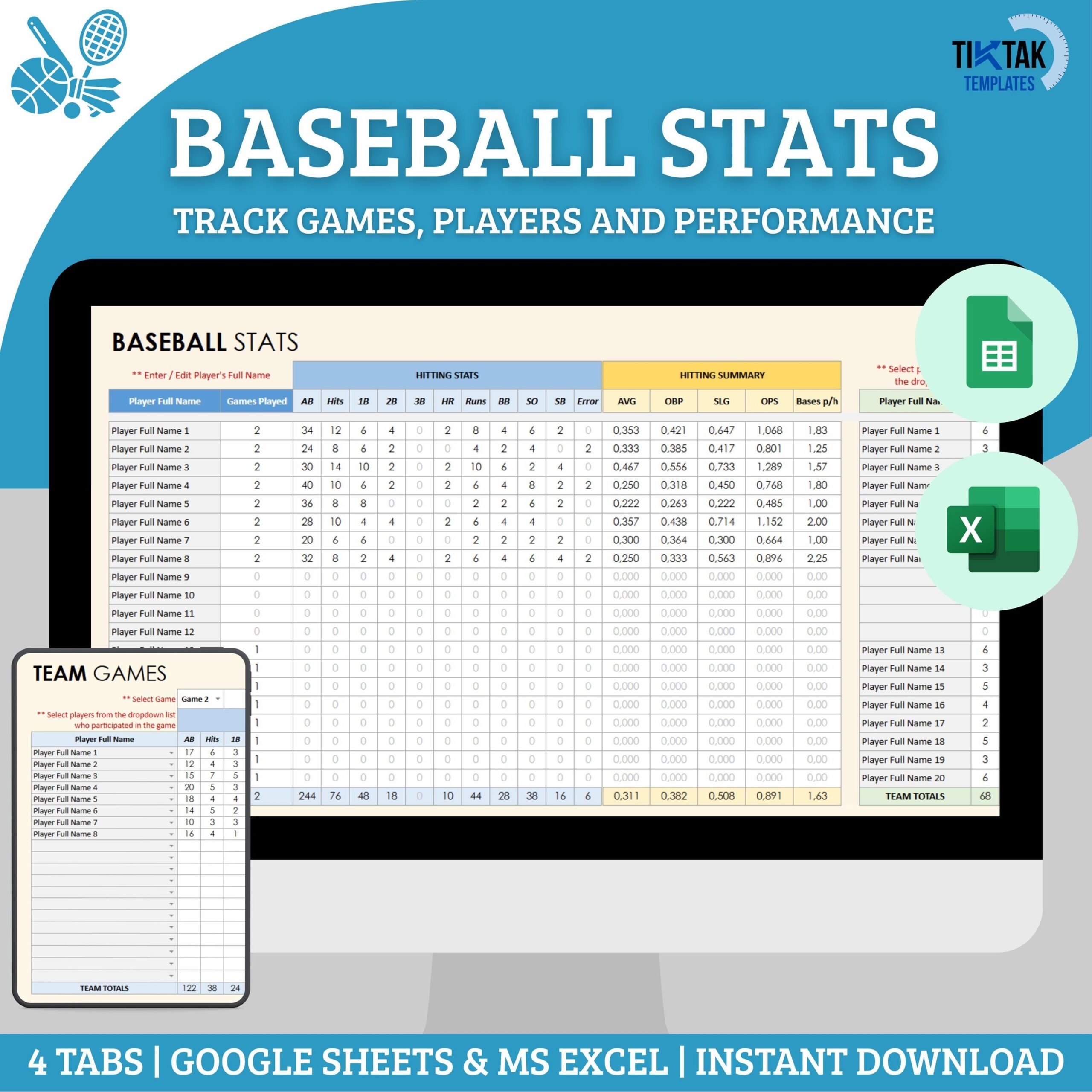 Baseball Stats Spreadsheet Players Team Tracker Stats Excel Google Sheets Template Simple Baseball Statistic Baseball Coaches Template Etsy