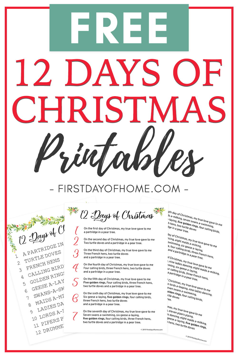 Beautiful 12 Days Of Christmas Lyrics Printable Free Download 