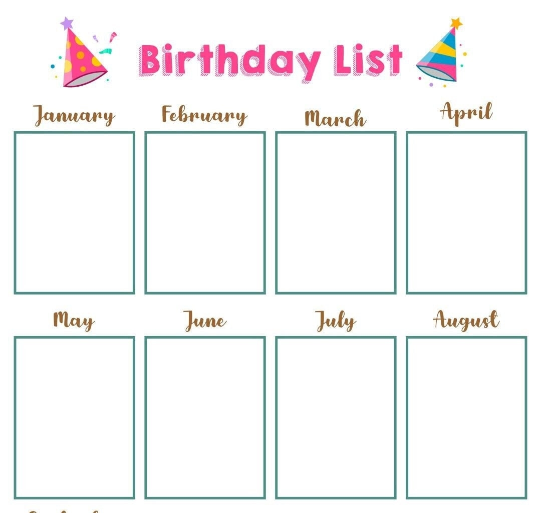 Birthday List Calendar A4 Paper Print A4 Card Birthday Accessories Notebook Design Yourself Calendar Template Etsy Israel