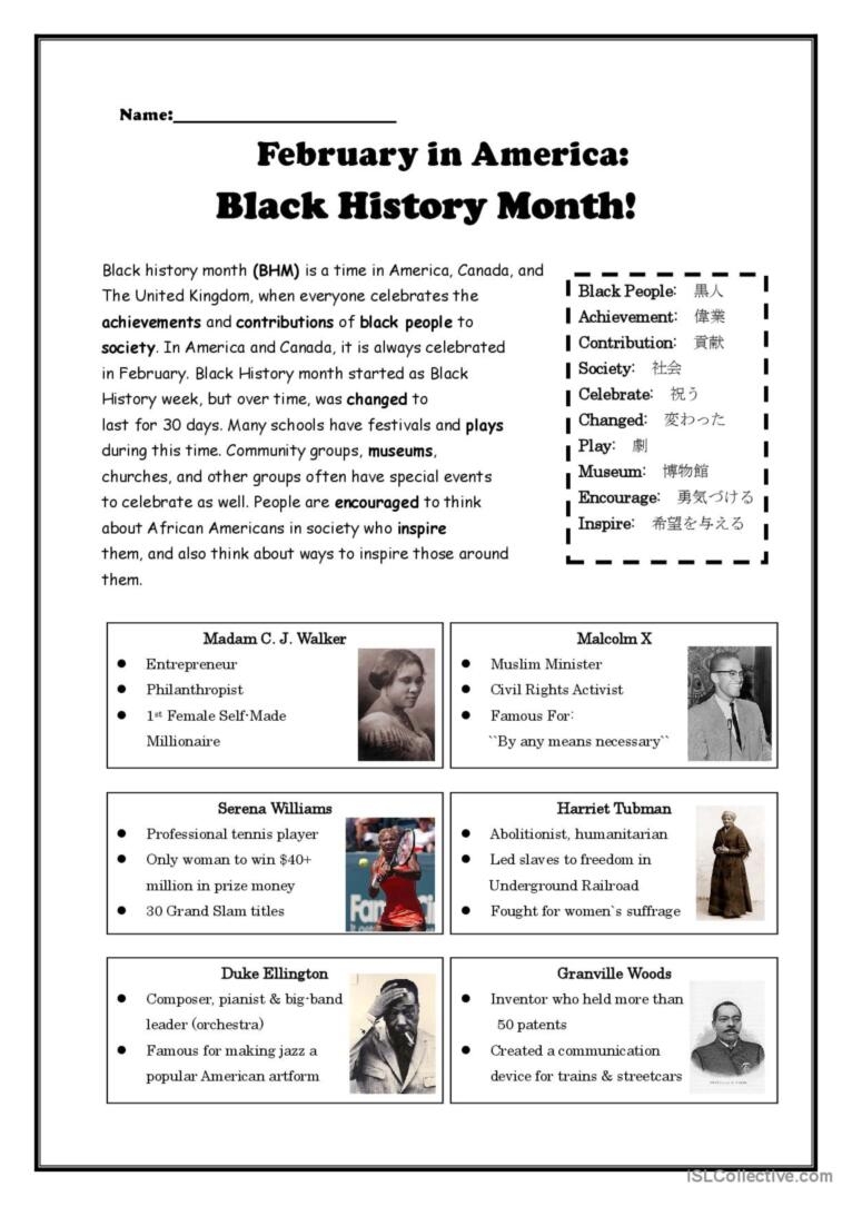 Black History Month English ESL Worksheets Pdf Doc