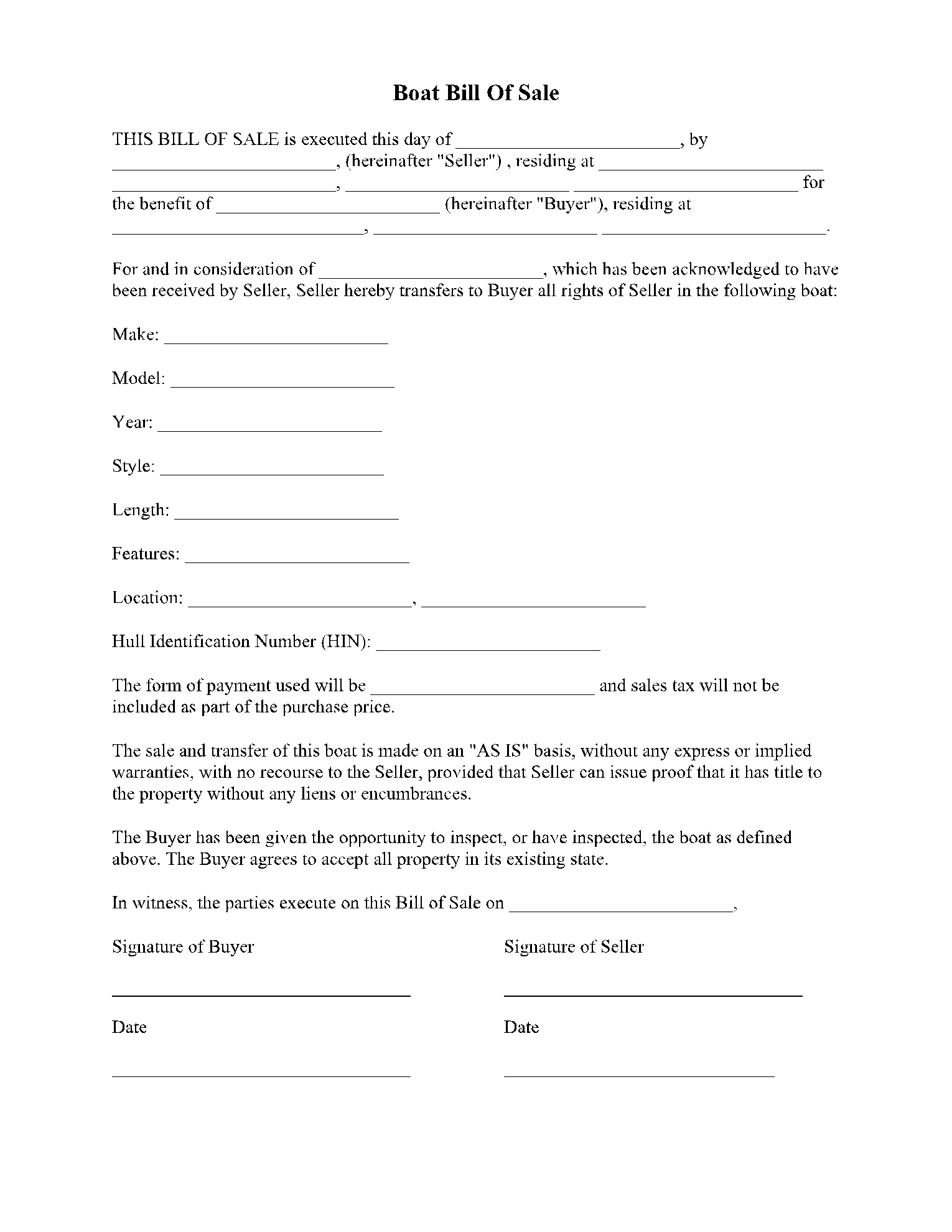 boat bill of sale florida template