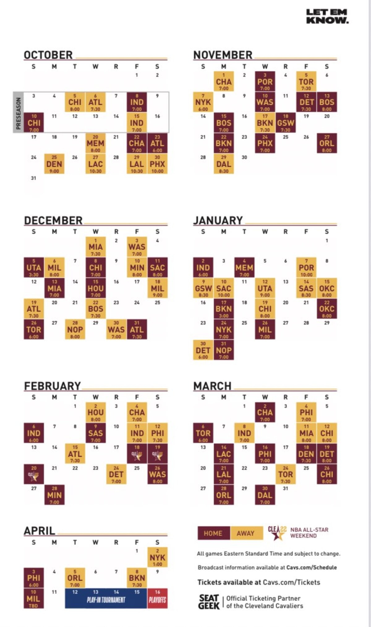 Cavs Printable Schedule