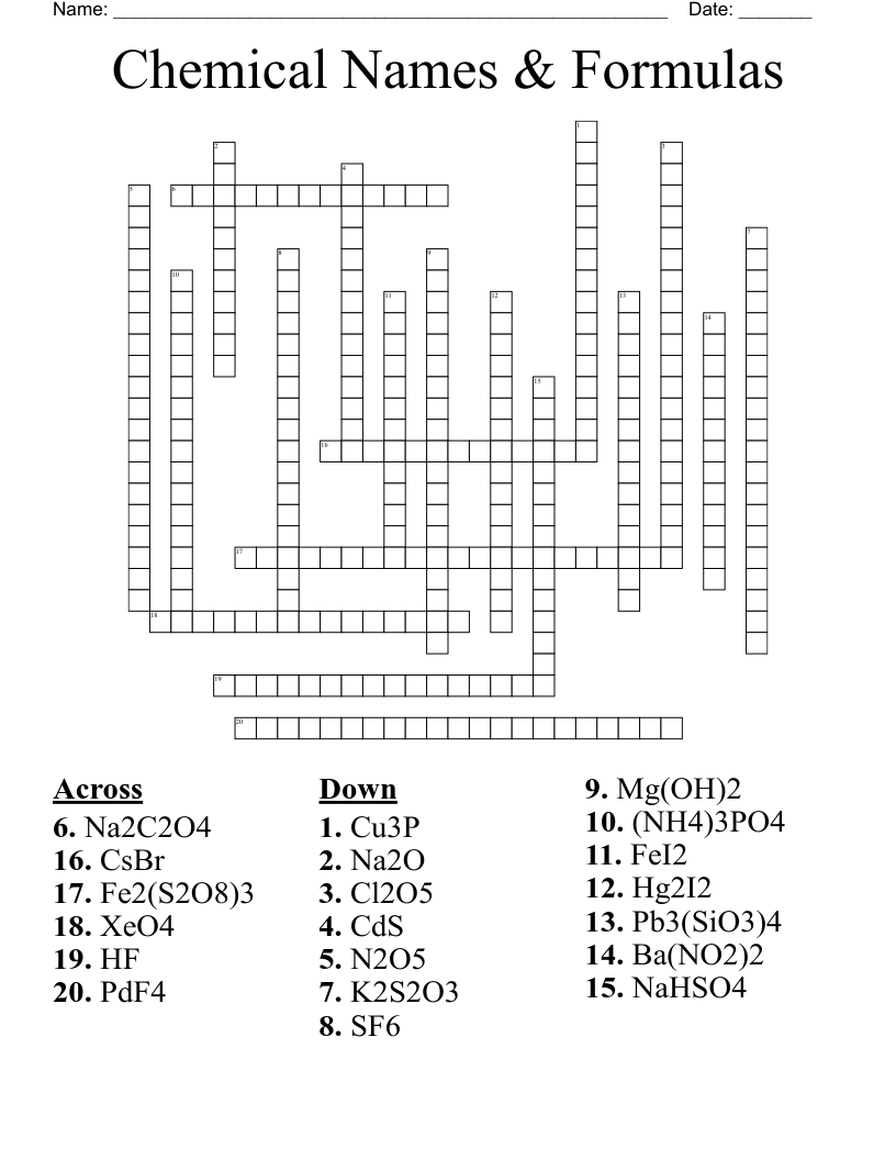 Chemical Formula Crossword Answer Key