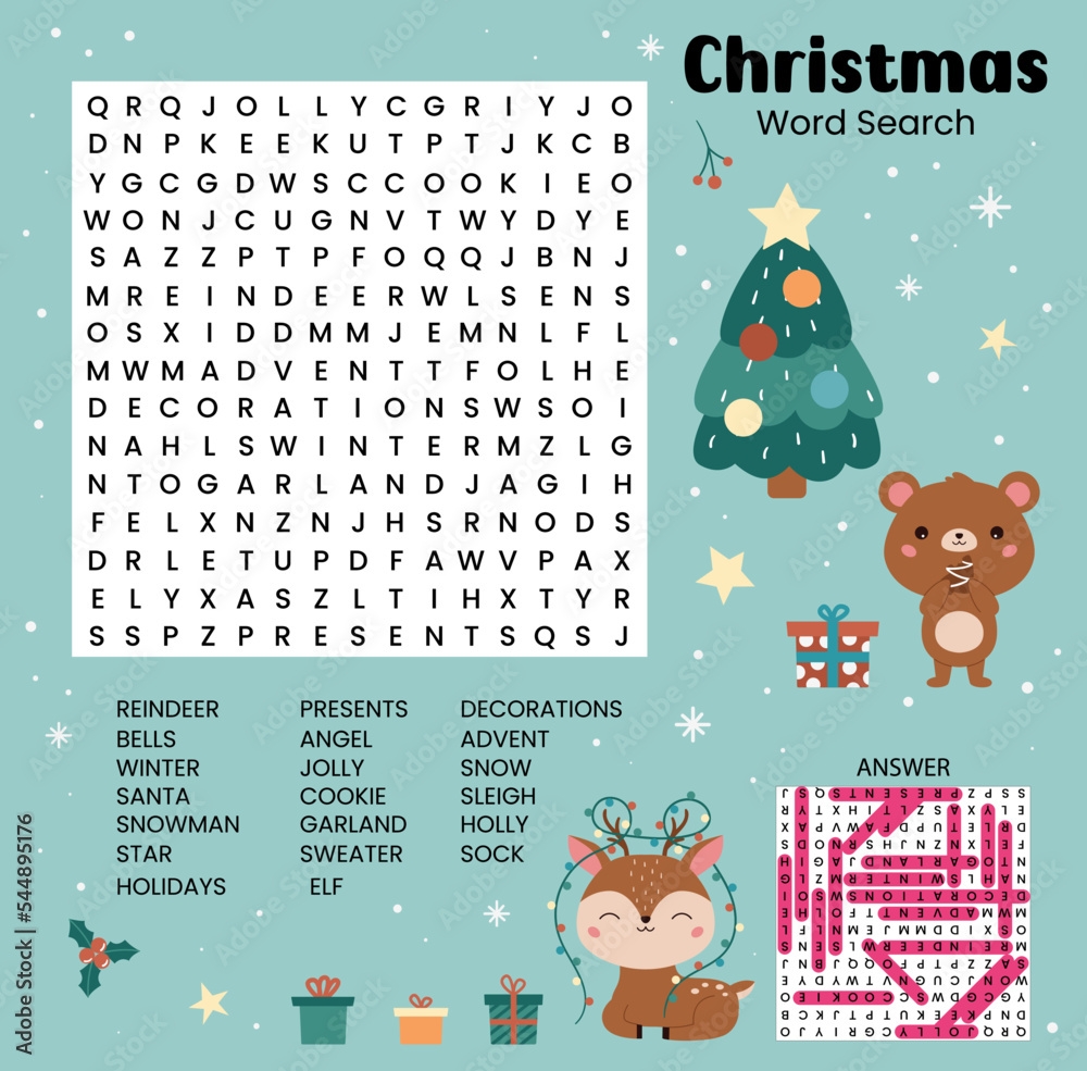 Christmas Word Search Puzzle With Answer Game For Learning English Printable Worksheet For Children About Winter Holidays Educational Crossword Game Funny Cartoon Animals Vector Illustration Stock Vector Adobe Stock