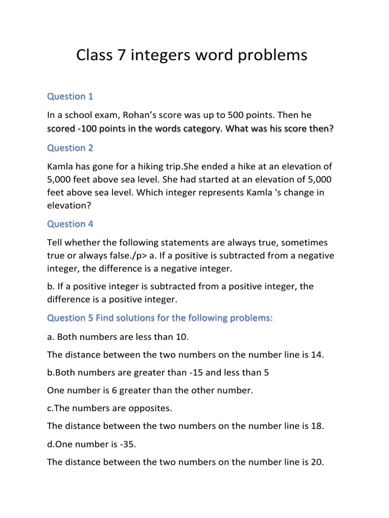 Class 7 Integers Word Problems PDF Worksheets Library