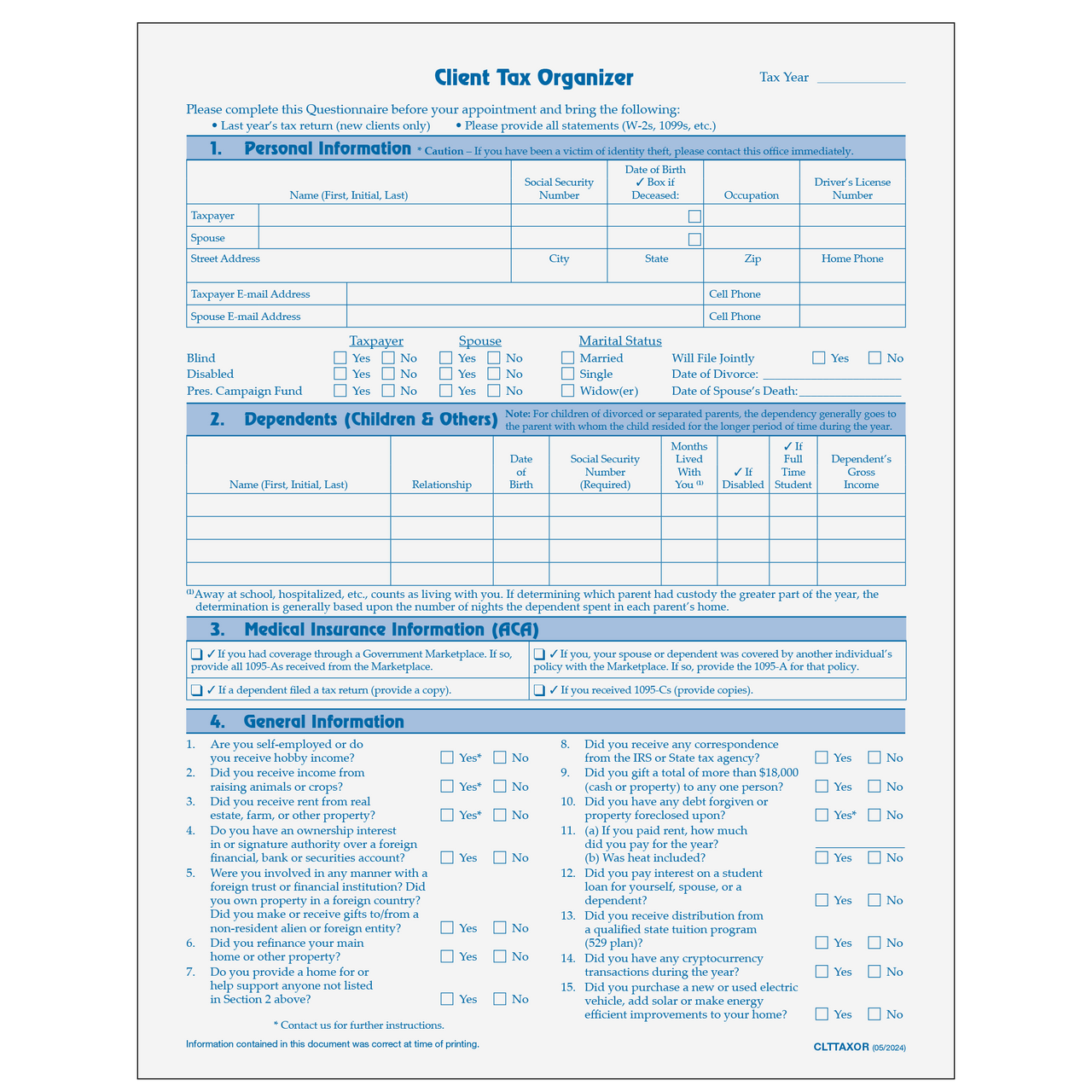 CLTTAXOR10 Client Tax Organizer Worksheet Greatland Worksheets Library