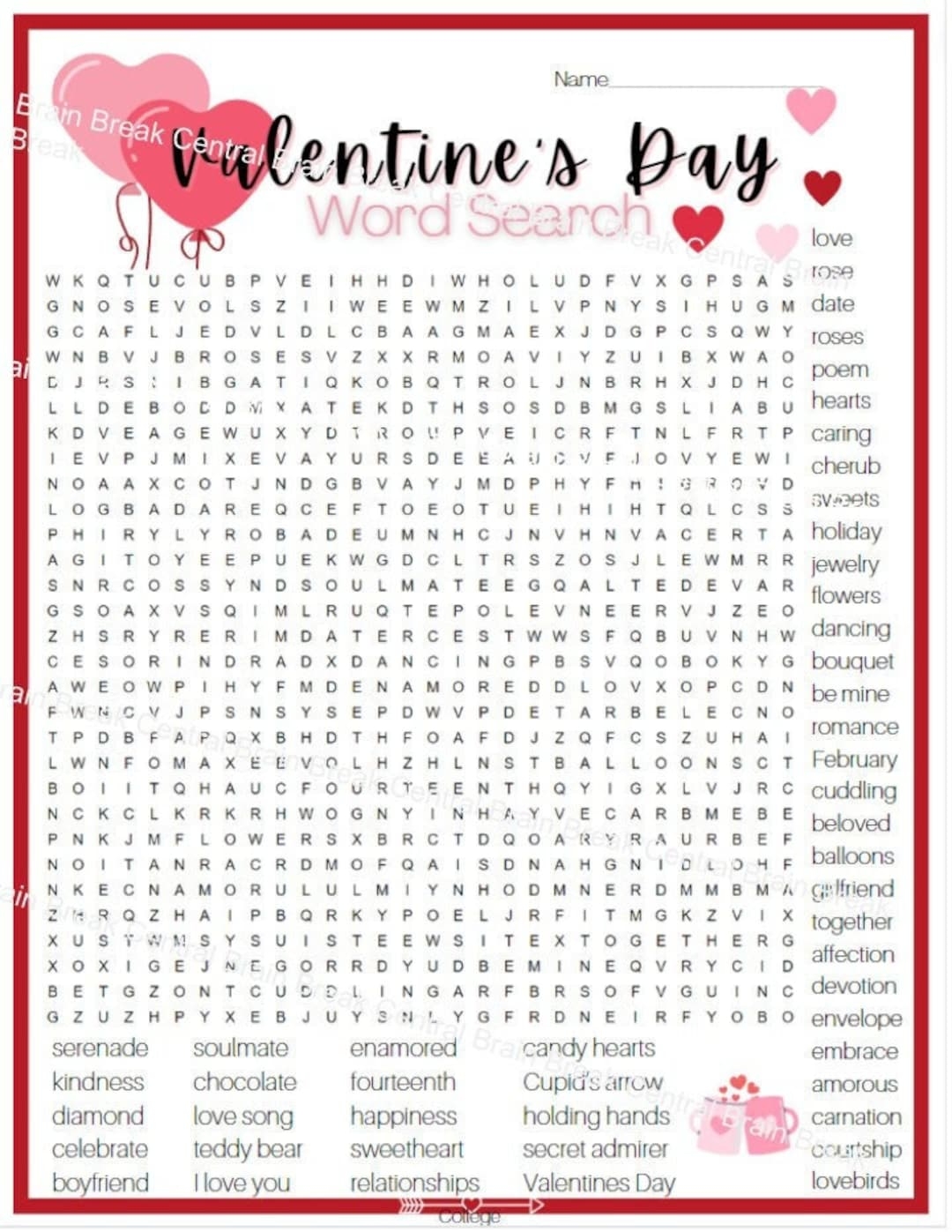 College adult Valentine s Day Word Search With Answer Key Printable Etsy