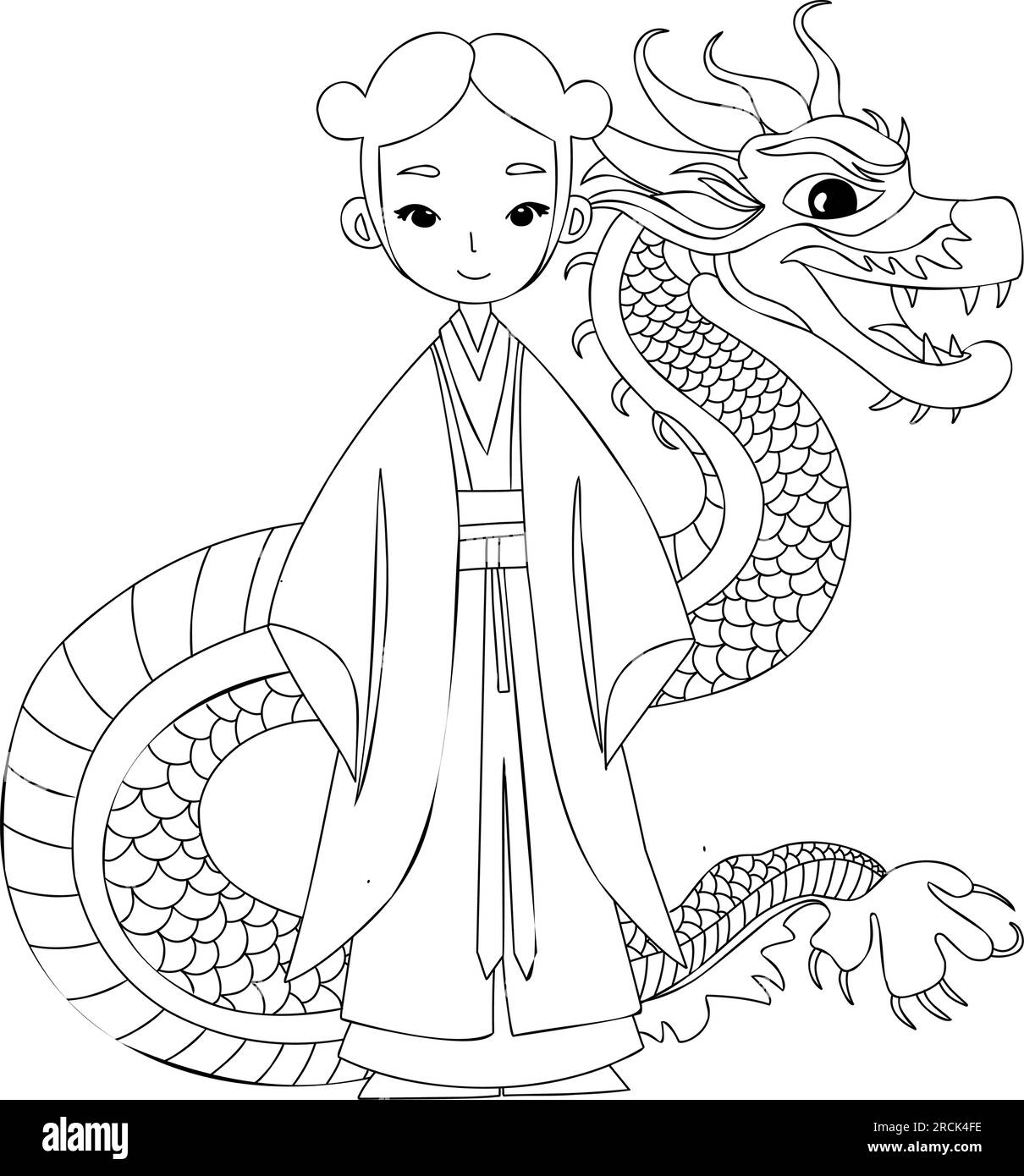 Coloring Page Chinese Woman Near The Dragon Chinese Dragon Coloring Book Stock Vector Image Art Alamy