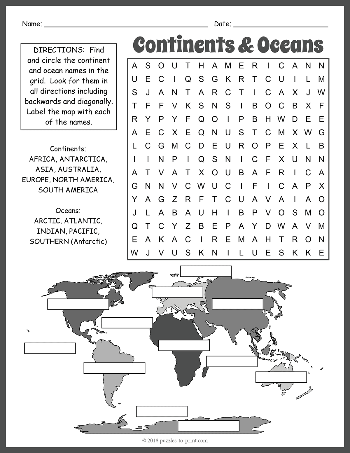 continents and oceans worksheet