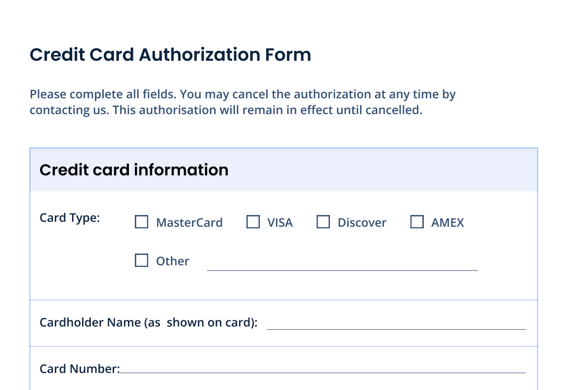 credit card authorization template